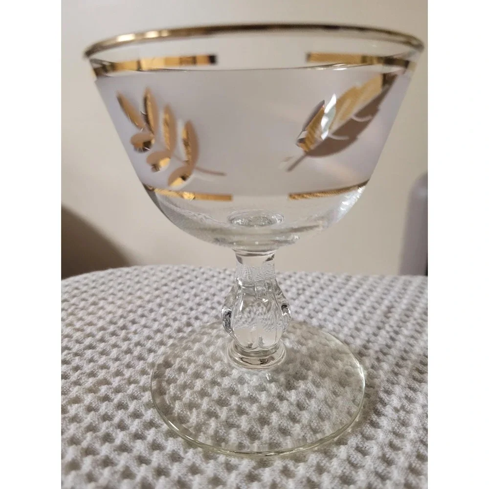 Vintage Mid-Century Frosted Gold Leaf‎ Champagne Coupe Sherbet Glasses Set of 14